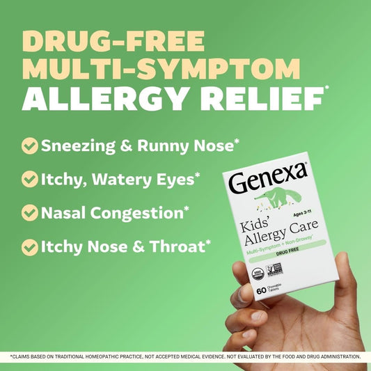 Genexa Kids Allergy Care chewable tablets for quick, kid-friendly dosing.