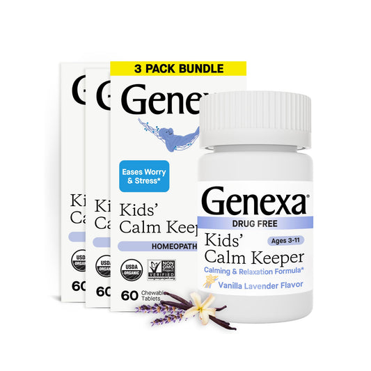 Genexa Kid's Calm Keeper bottle front, kid-friendly calm support in a single look.