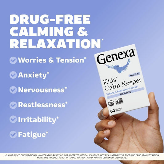 Close-up of Genexa Calm Keeper chewables highlighting vanilla lavender flavor for easy use.