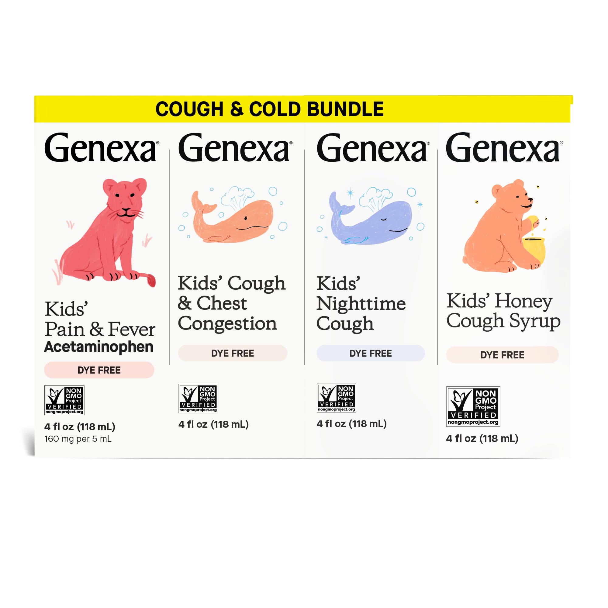 Genexa Kids Clean Cough Daytime Medicine bottle pour shows gentle, non-drowsy relief for active daytime use.