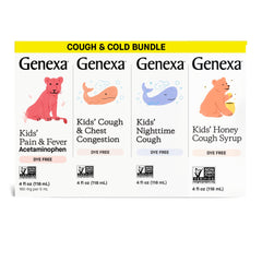 Genexa Kids Clean Cough Daytime Medicine bottle pour shows gentle, non-drowsy relief for active daytime use.