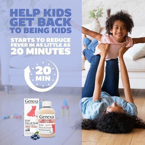 Genexa Kids Honey Cough Syrup bottle suggests soothing throat comfort with honey blend.