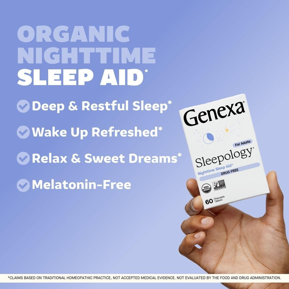 Genexa Sleepology chewables vanilla lavender flavor ideal for on-the-go bedtime routines.