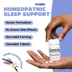 Genexa Sleepology ingredients label emphasizes organic, vegan, and non-GMO components.