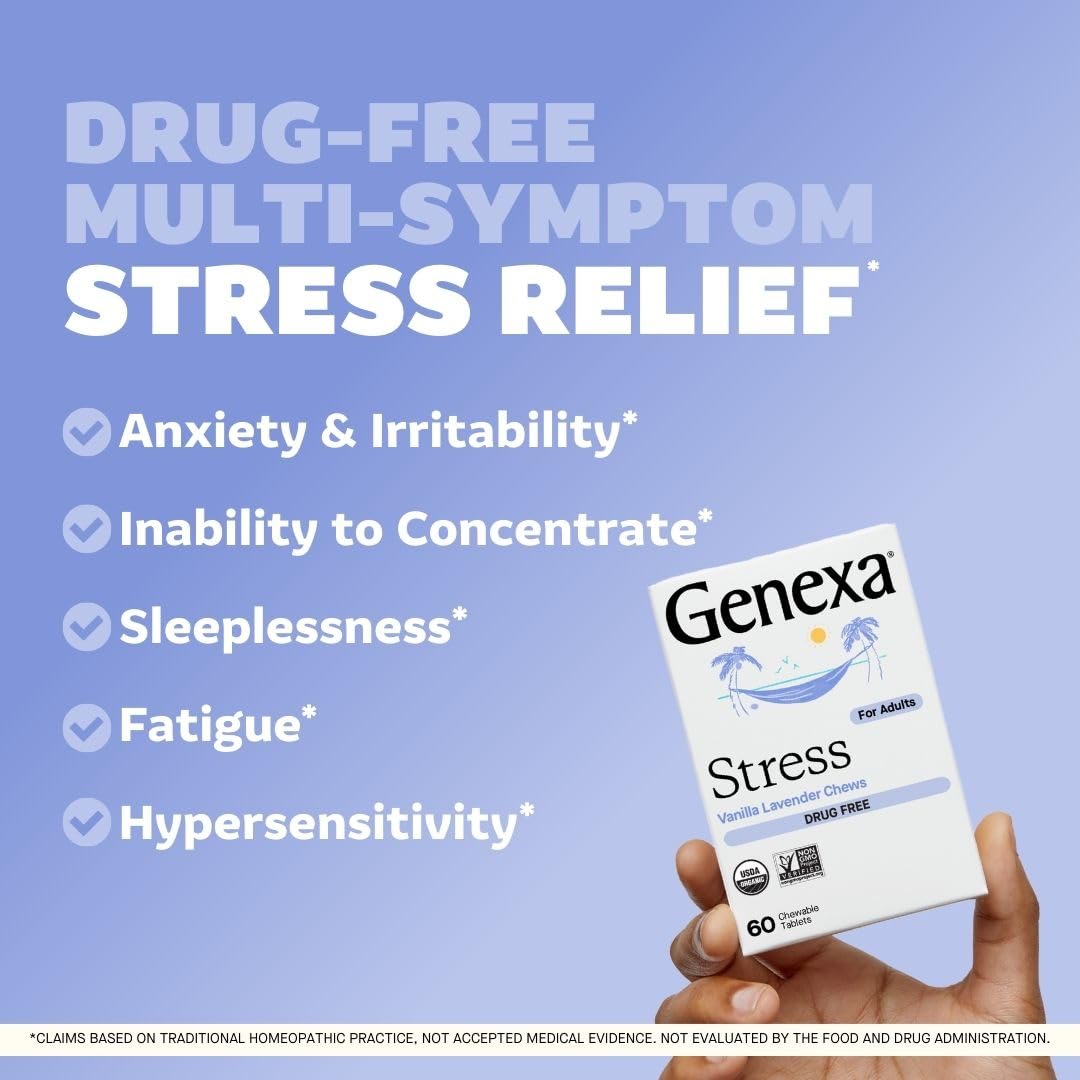 Genexa Stress for Adults bottle back label shows gluten-free and non-GMO attributes.