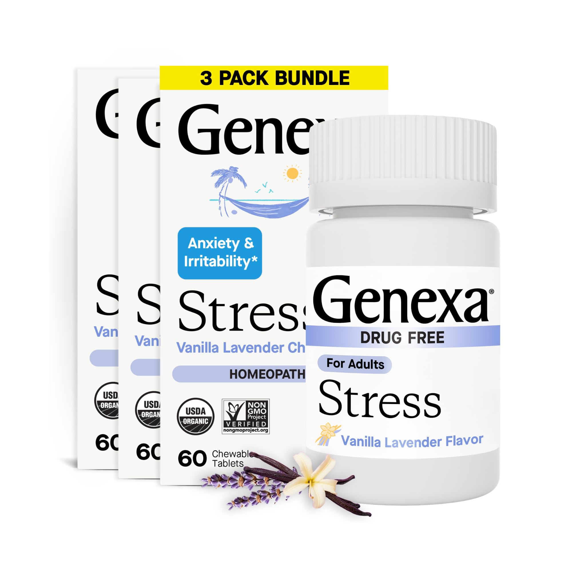 Genexa Stress for Adults bottle front with vanilla-lavender flavor offering on-the-go calming support.