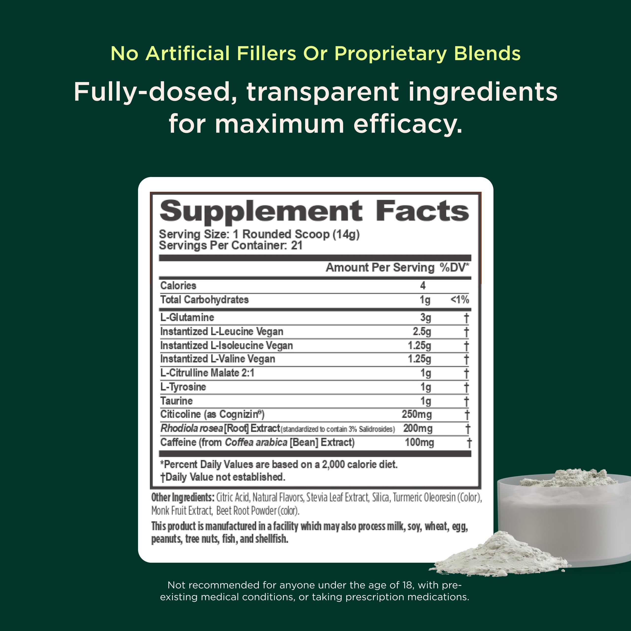 Genius BCAA powder Cognizin label close-up suggesting enhanced focus and performance.