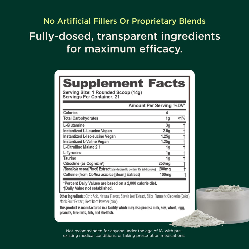 Genius BCAA powder Cognizin label close-up suggesting enhanced focus and performance.