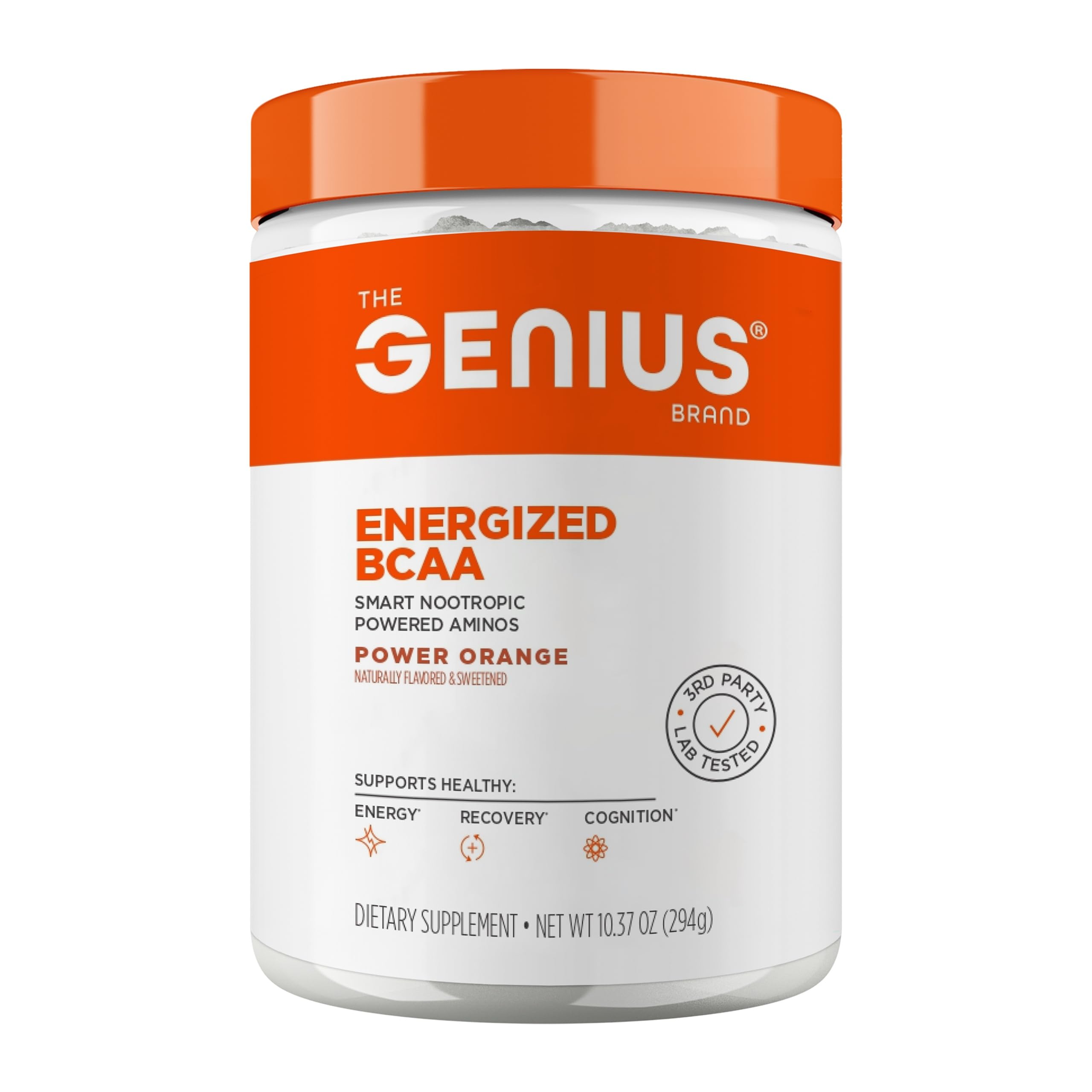 Genius BCAA powder orange bottle ready for a pre- or post-workout drink to support recovery.