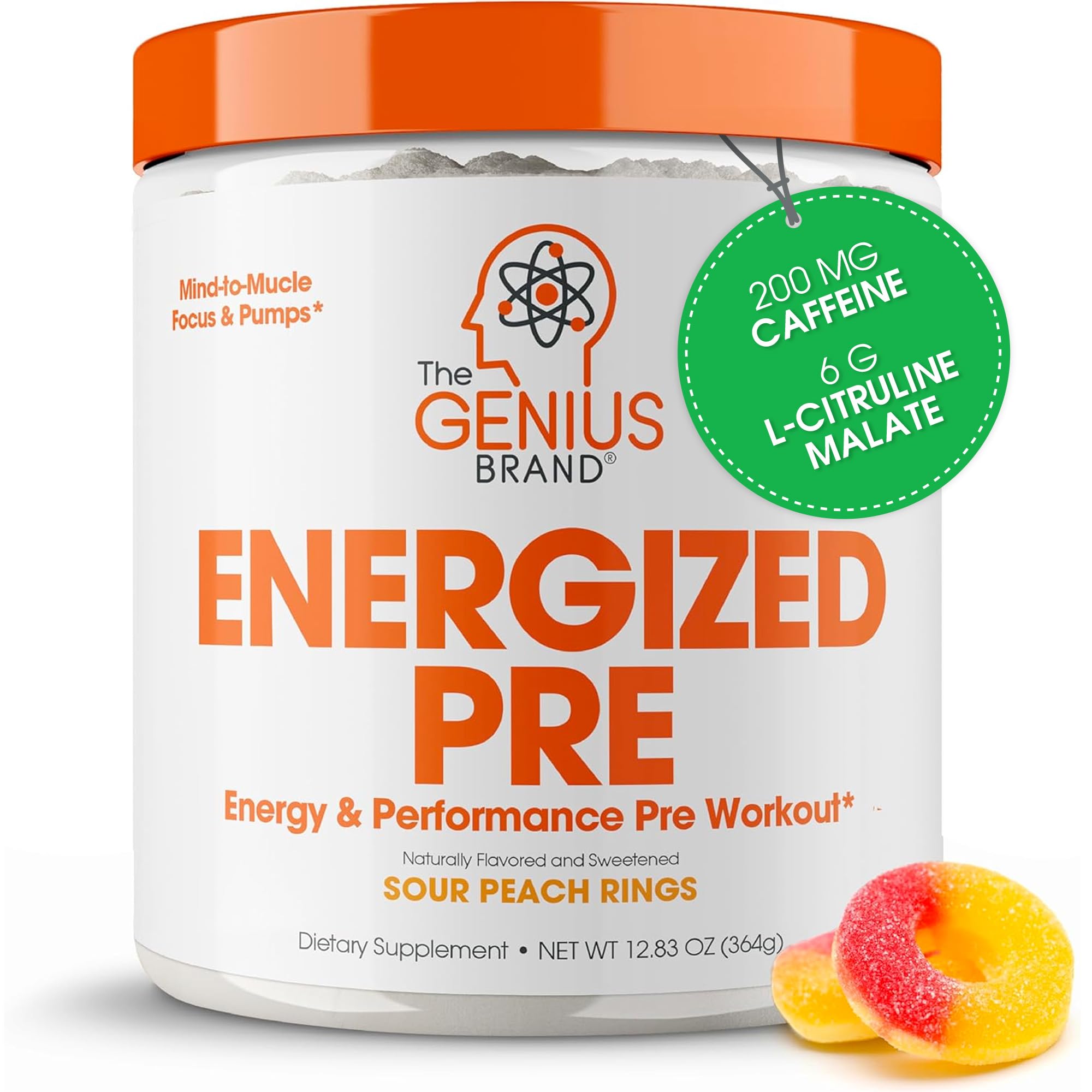The Genius Brand Energized Preworkout tub shown, highlighting bold packaging for sustained energy.