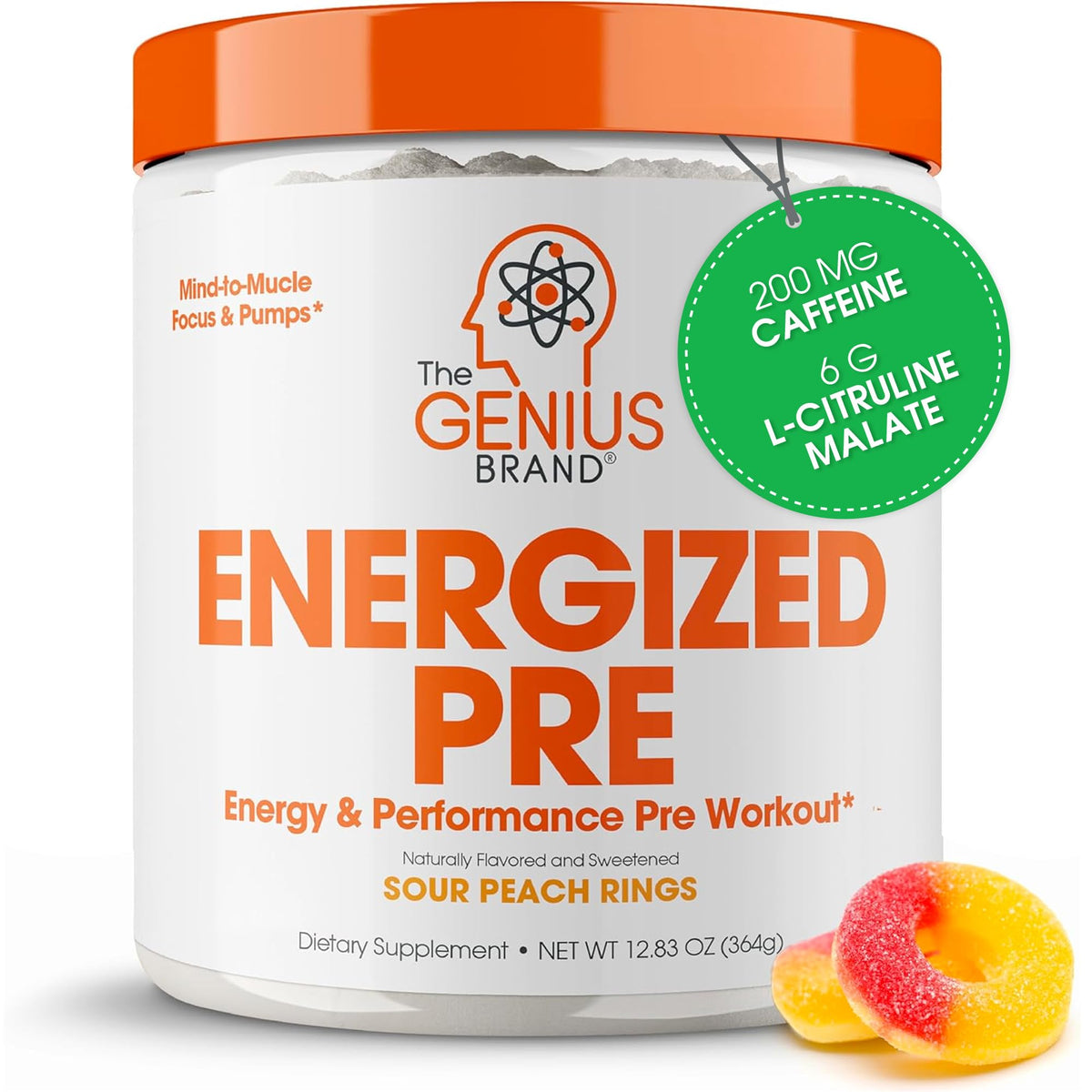 The Genius Brand Energized Preworkout tub shown, highlighting bold packaging for sustained energy.