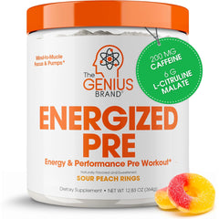 The Genius Brand Energized Preworkout tub shown, highlighting bold packaging for sustained energy.