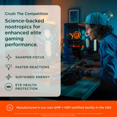 Close-up of Genius Gamer label highlighting focus ingredients.
