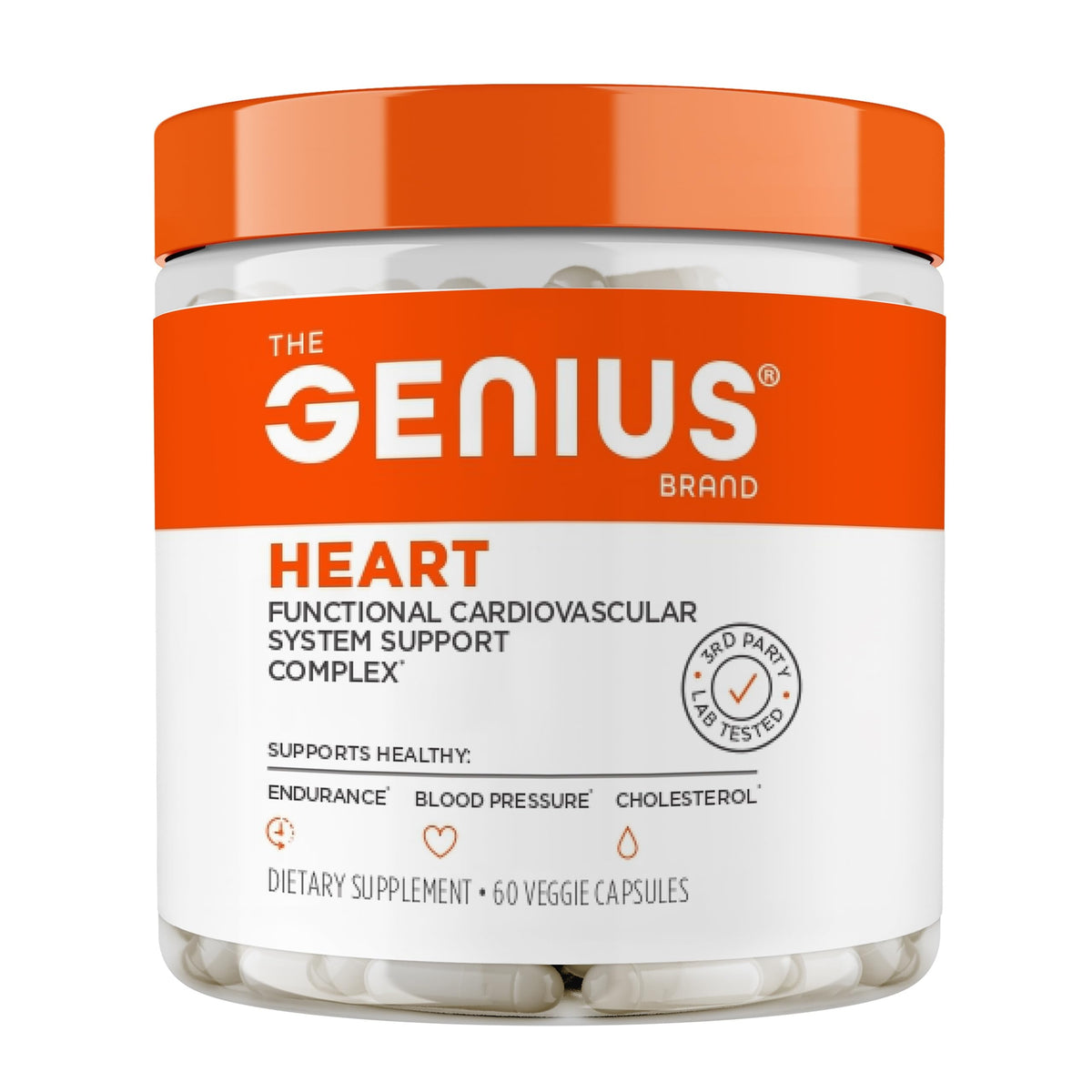 The Genius Brand Genius Heart bottle shows daily heart support in a vegan capsule form.