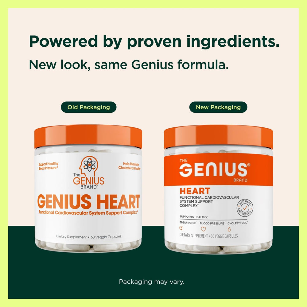 Genius Brand Genius Heart capsules emphasize clean, gluten-free heart support for everyday wellness.