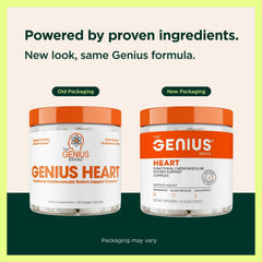 Genius Brand Genius Heart capsules emphasize clean, gluten-free heart support for everyday wellness.