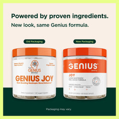 Genius Joy bottle front close-up highlighting organic ingredients