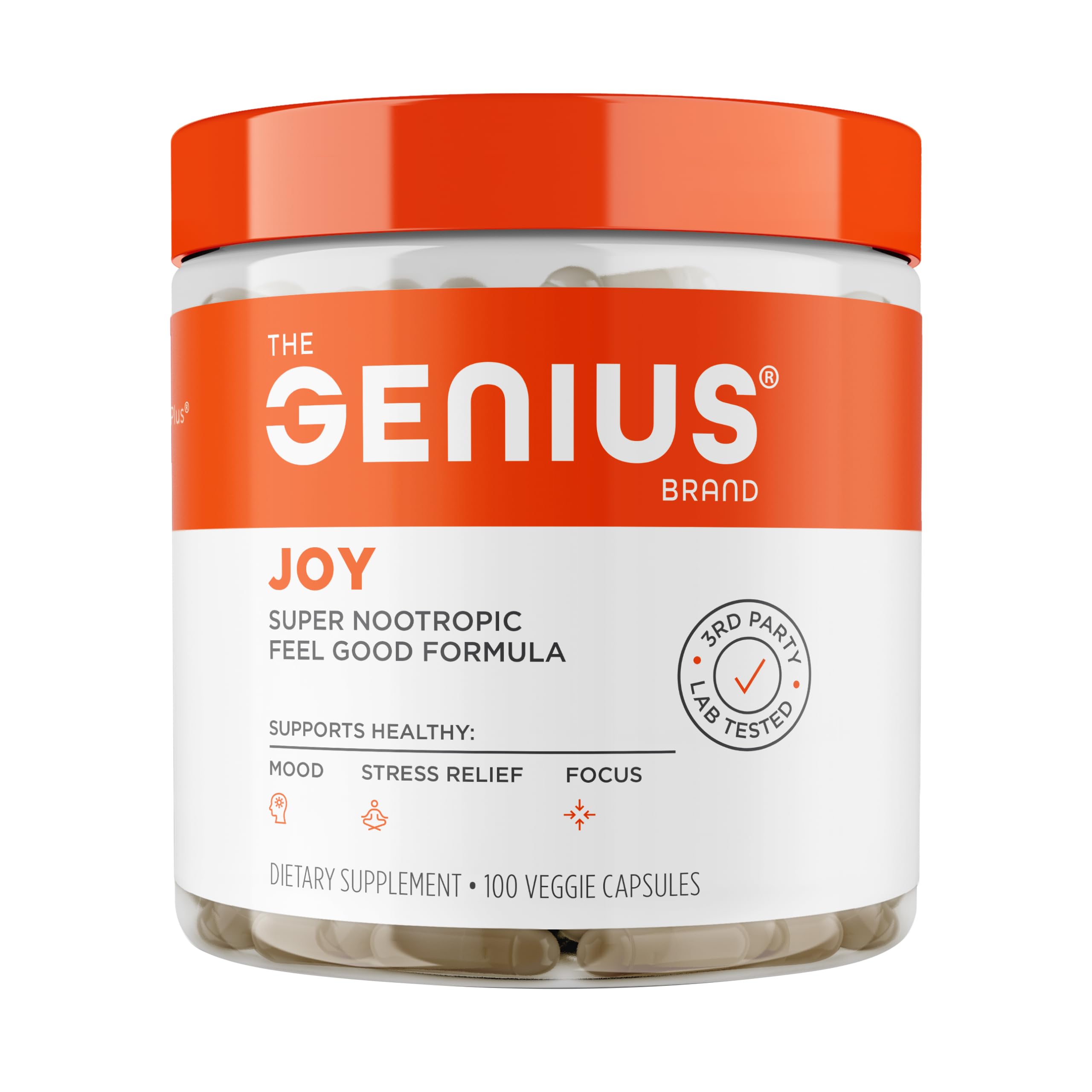 Genius Joy capsules on bottle front for mood support potential