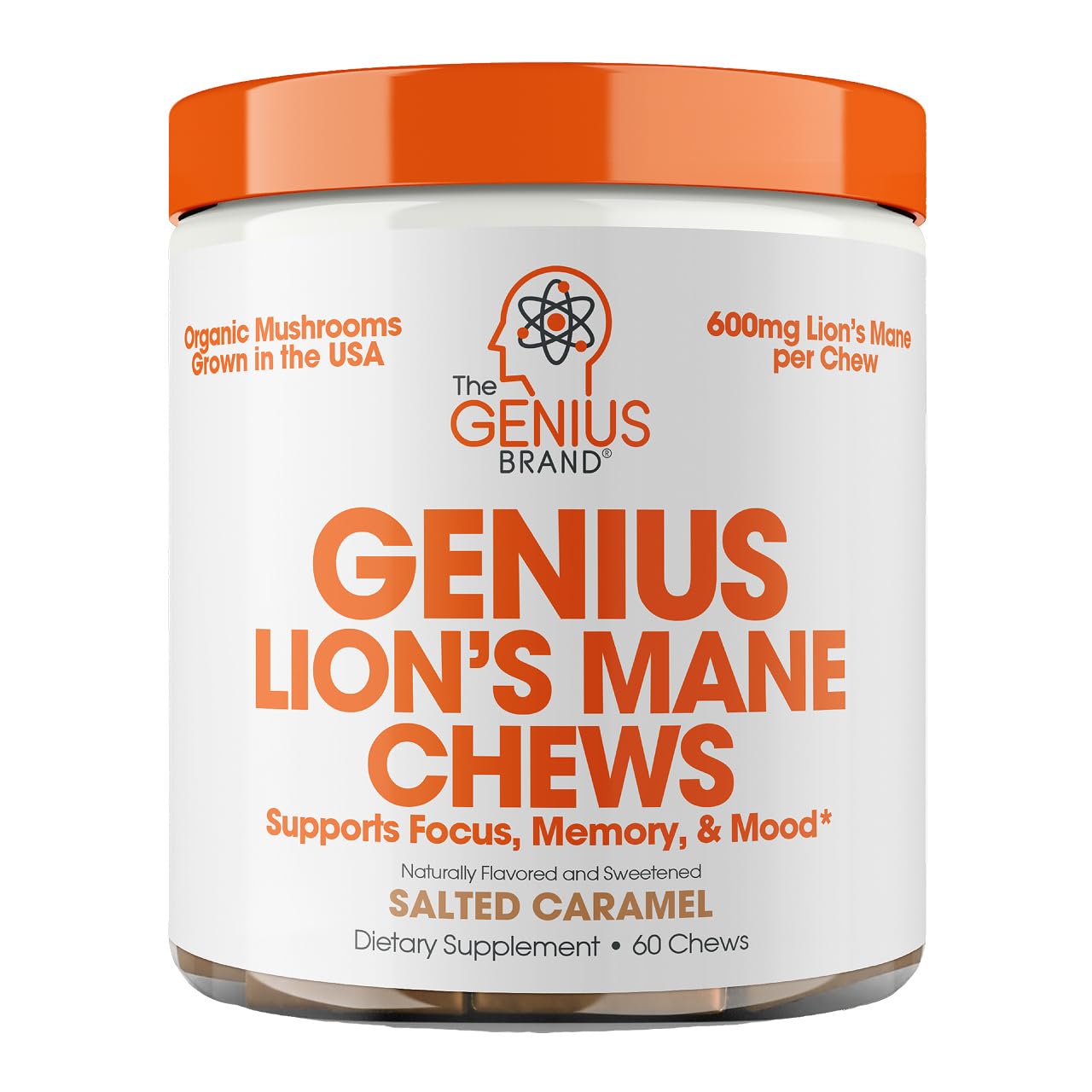 The Genius Brand Lions Mane soft chews front bottle may support focus.