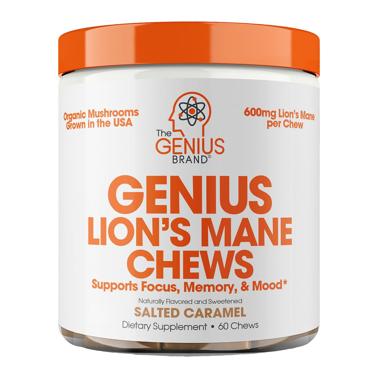 The Genius Brand Lions Mane soft chews front bottle may support focus.