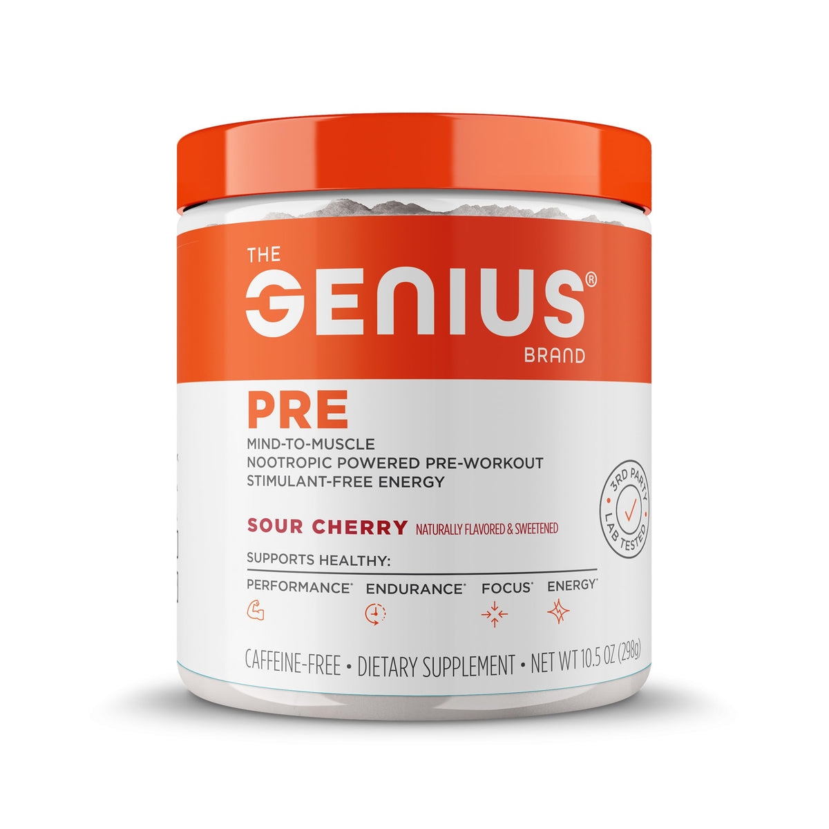 The Genius Brand Genius Pre workout tub label highlights clean energy and focus support.