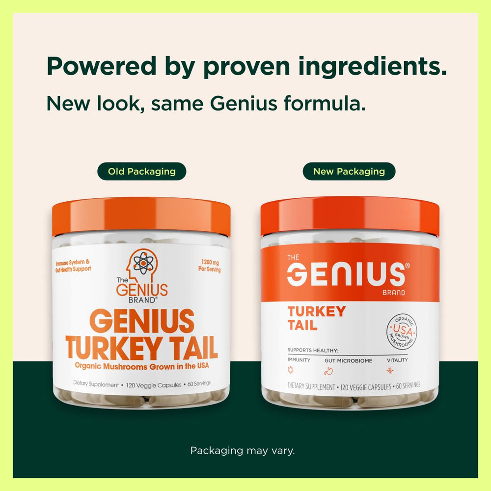 The Genius Brand Genius Turkey Tail capsules ready to swallow for focus and cognitive support.
