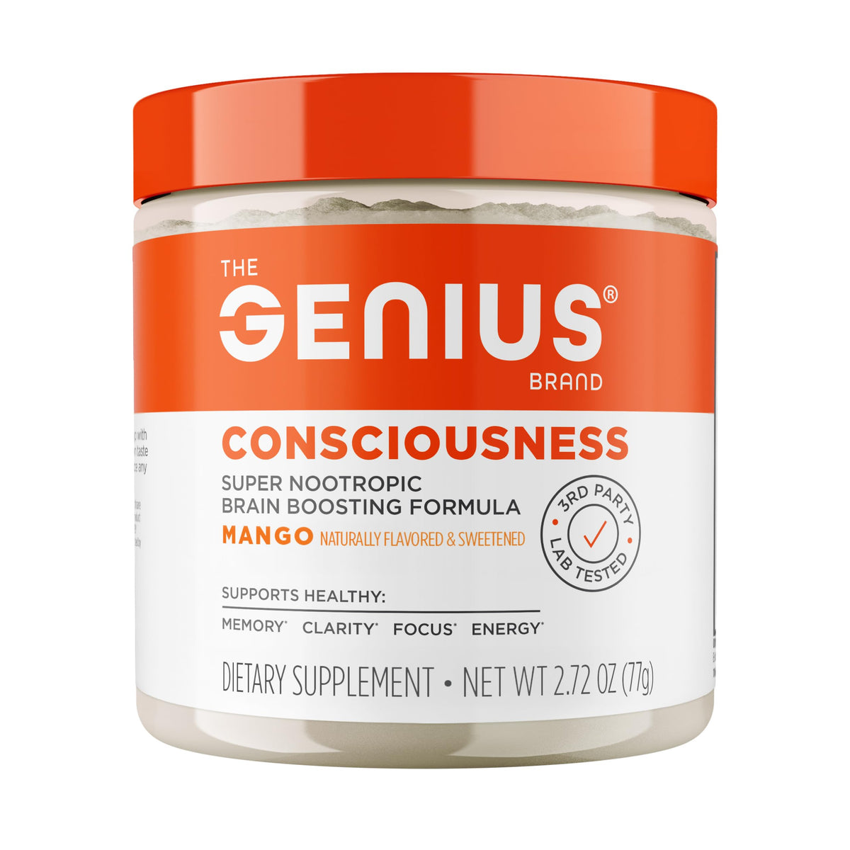 The Genius Brand Genius Consciousness mango powder bottle promotes focused thinking