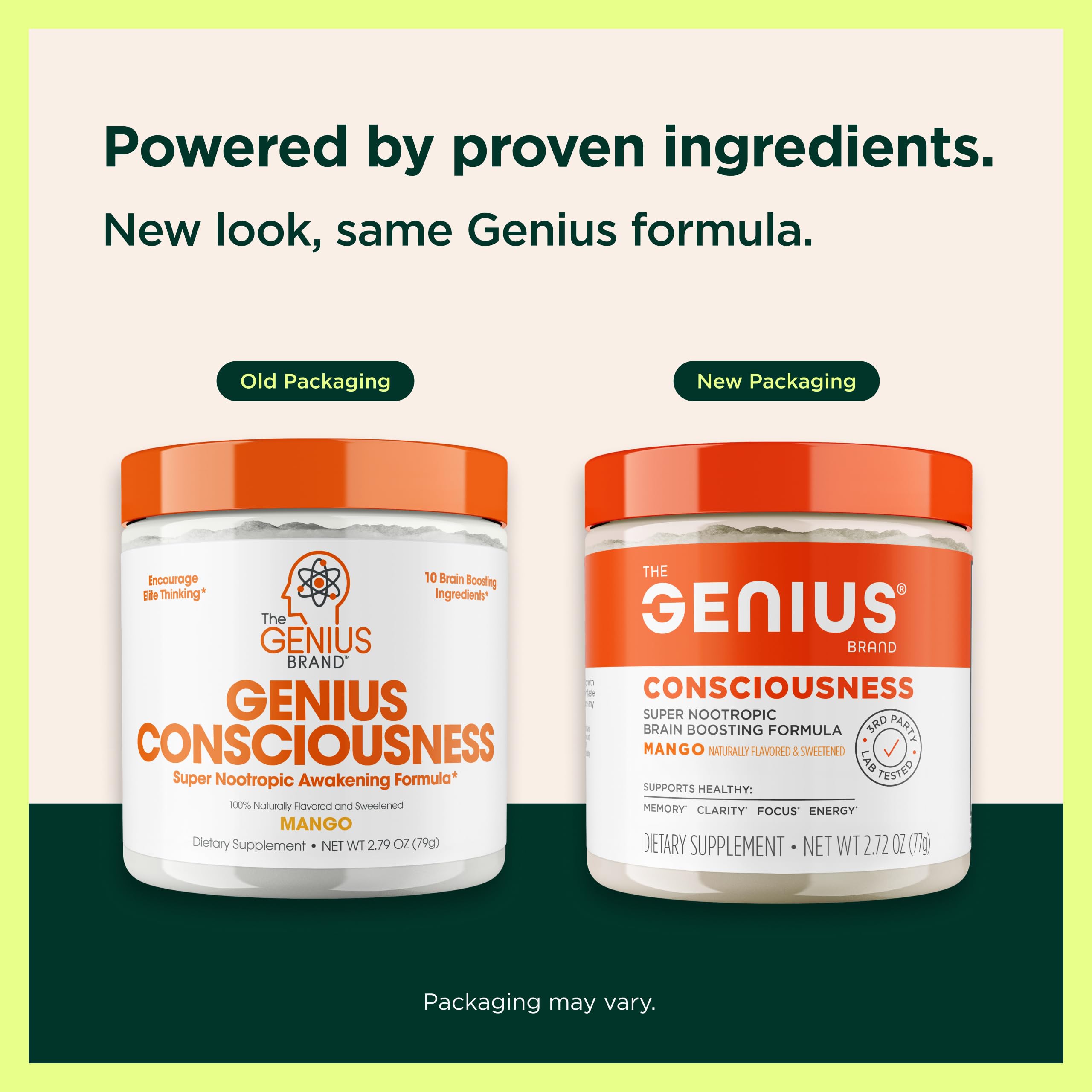 Genius Consciousness mango powder scoop beside glass for quick mental clarity