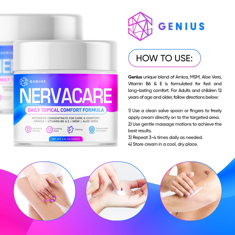 GENIUS CURE Nervacare key ingredients like menthol and arnica highlighted.