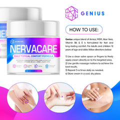 GENIUS CURE Nervacare key ingredients like menthol and arnica highlighted.