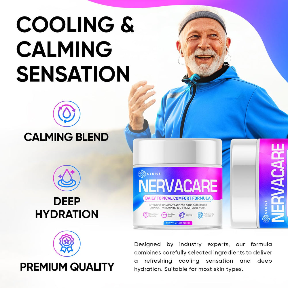GENIUS CURE Nervacare packaging shown for home use and travel convenience.