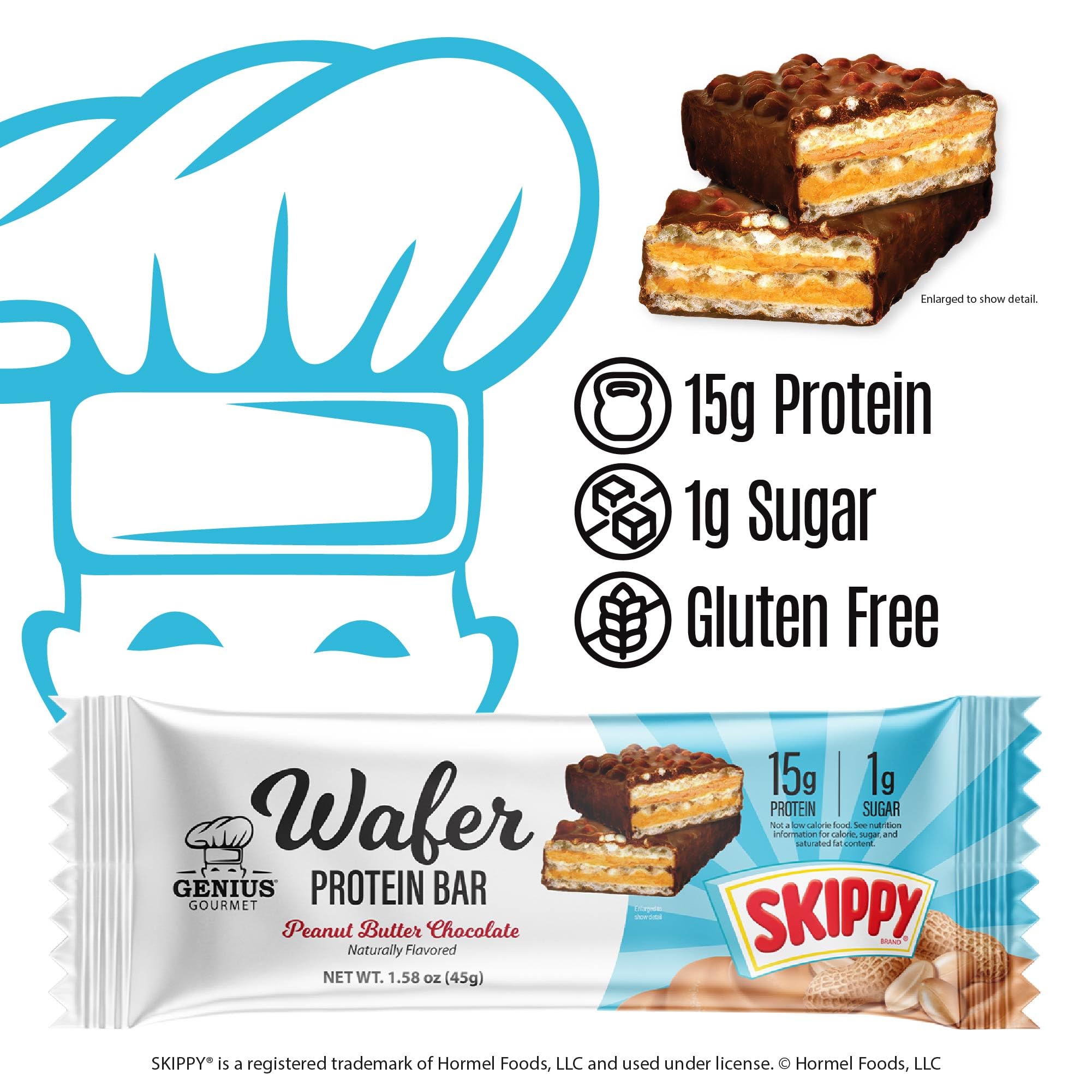 Genius Gourmet SKIPPY crispy wafer crunch enhances texture.