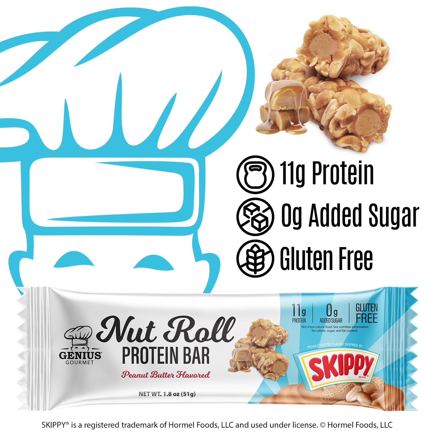 Genius Gourmet SKIPPY bar halved to reveal protein-rich center.