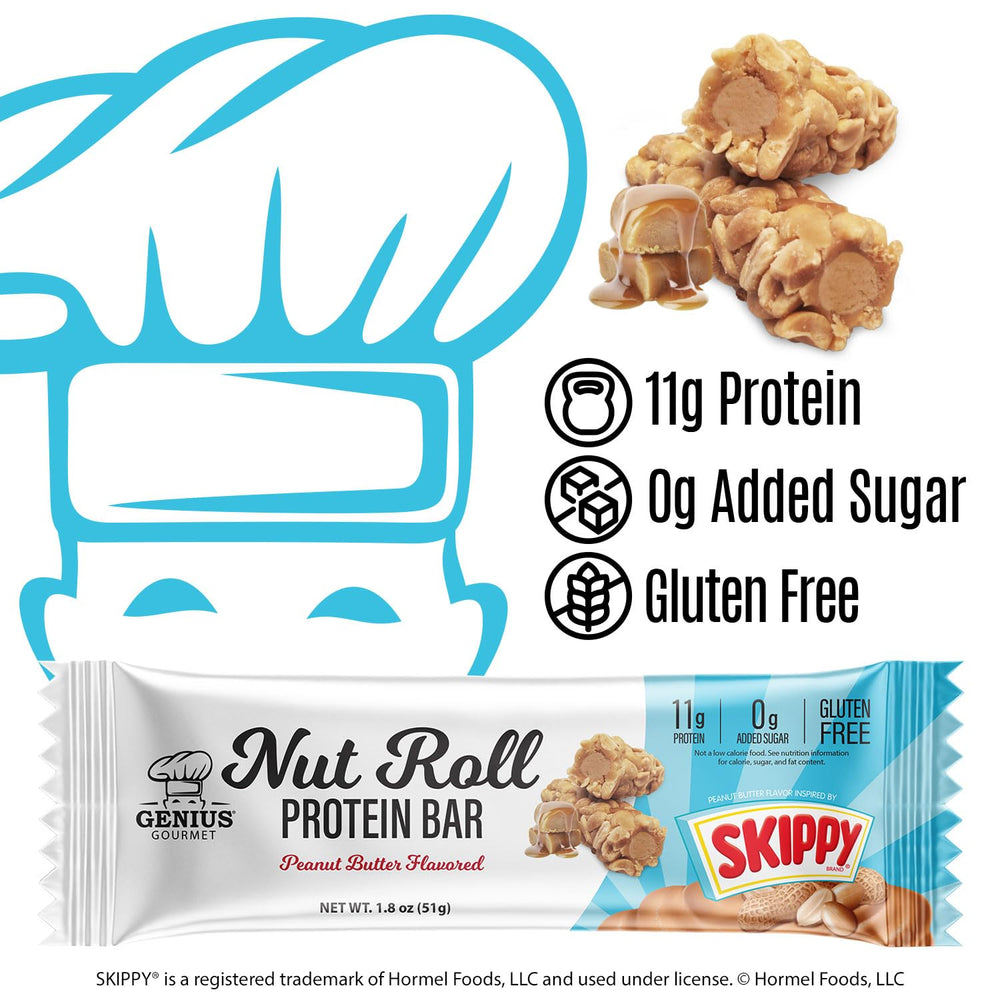 Genius Gourmet SKIPPY bar halved to reveal protein-rich center.