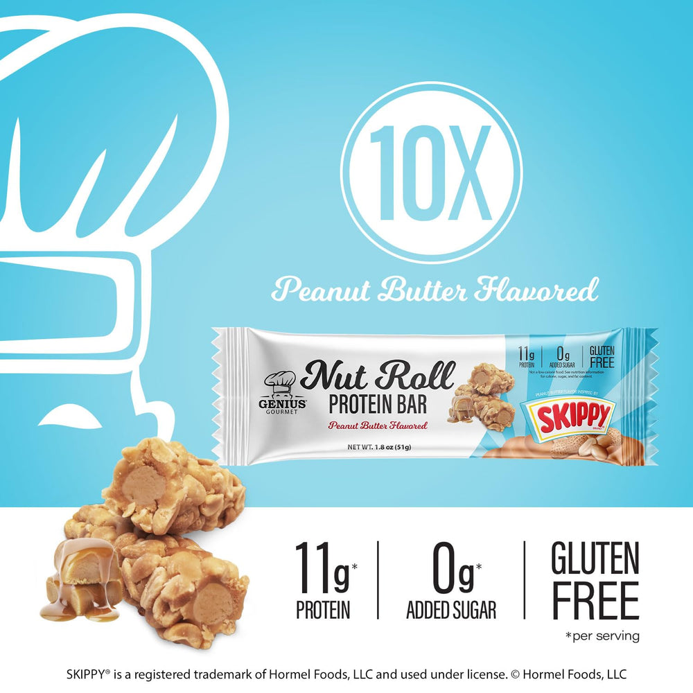Genius Gourmet SKIPPY bar texture with crunchy peanuts and caramel coating.