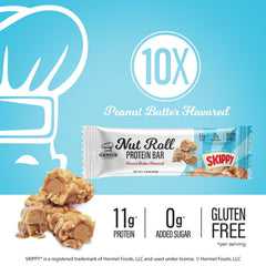 Genius Gourmet SKIPPY bar texture with crunchy peanuts and caramel coating.