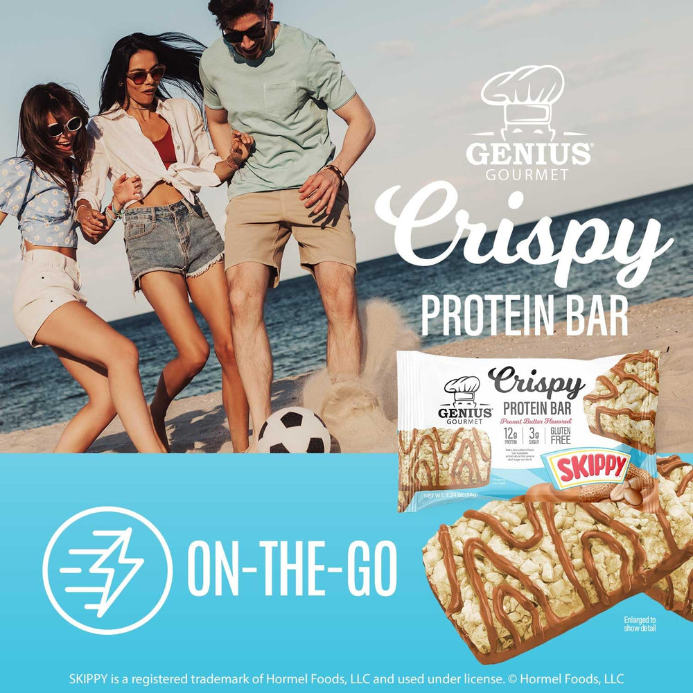 Genius Gourmet SKIPPY Crispy Bar gluten-free label on wrapper highlights dietary fit.