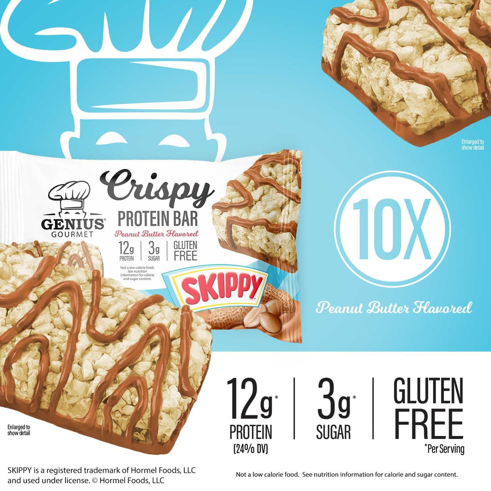 Genius Gourmet SKIPPY Crispy Bar in lunchbox signals ready-to-eat school snack.