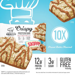 Genius Gourmet SKIPPY Crispy Bar in lunchbox signals ready-to-eat school snack.
