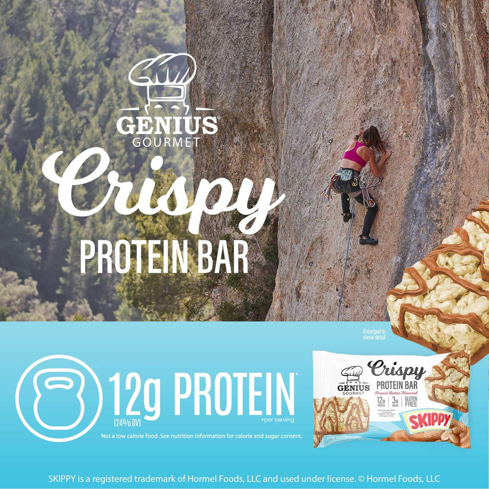 Nutrition panel of Genius Gourmet SKIPPY Bar shows 12g protein per serving.