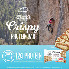 Nutrition panel of Genius Gourmet SKIPPY Bar shows 12g protein per serving.