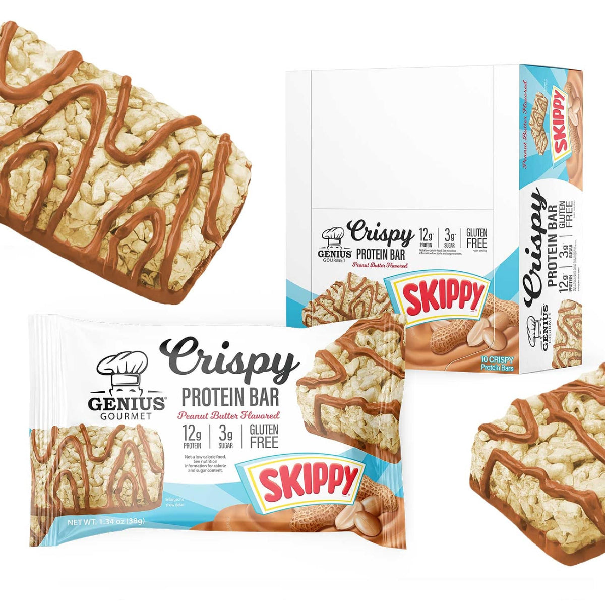 Genius Gourmet SKIPPY Crispy Bar packaging highlights gluten-free on-the-go snacking.