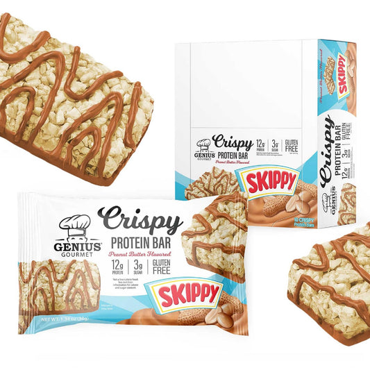 Genius Gourmet SKIPPY Crispy Bar packaging highlights gluten-free on-the-go snacking.