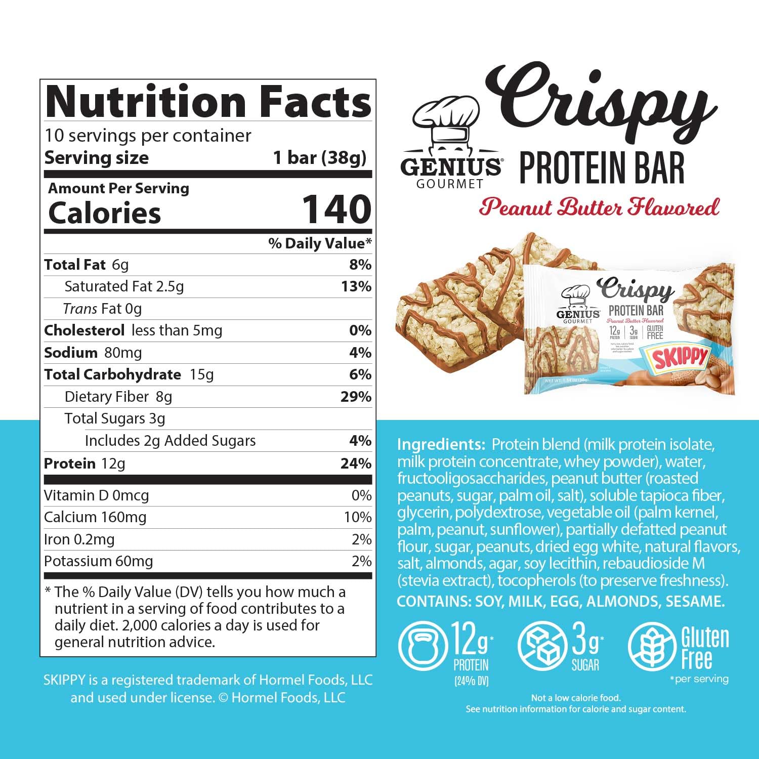 Texture close-up of Genius Gourmet SKIPPY Crispy Bar shows crispy, satisfying crunch.