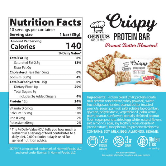 Texture close-up of Genius Gourmet SKIPPY Crispy Bar shows crispy, satisfying crunch.