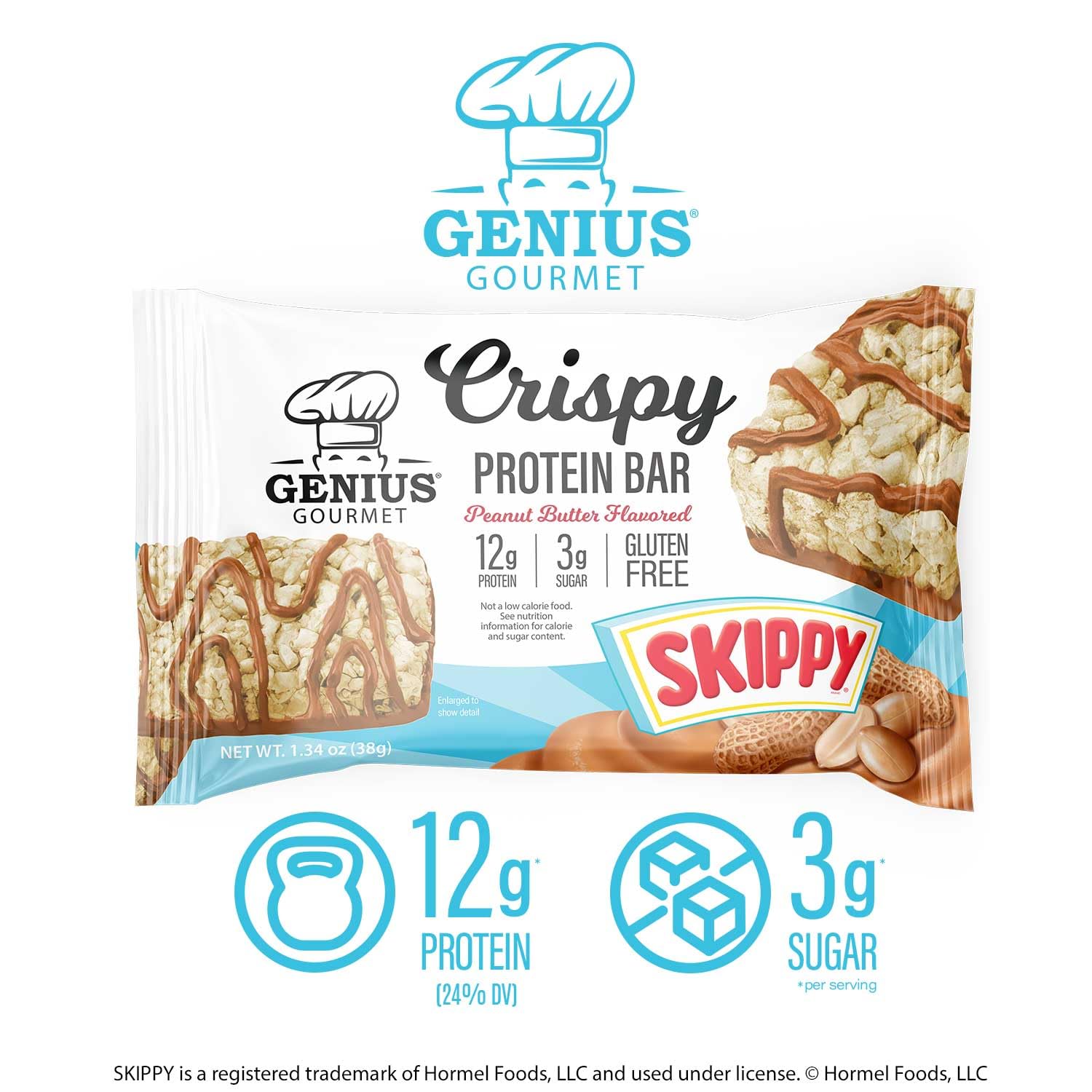 Genius Gourmet SKIPPY Crispy Bar travel-ready display promotes convenient travel snack.