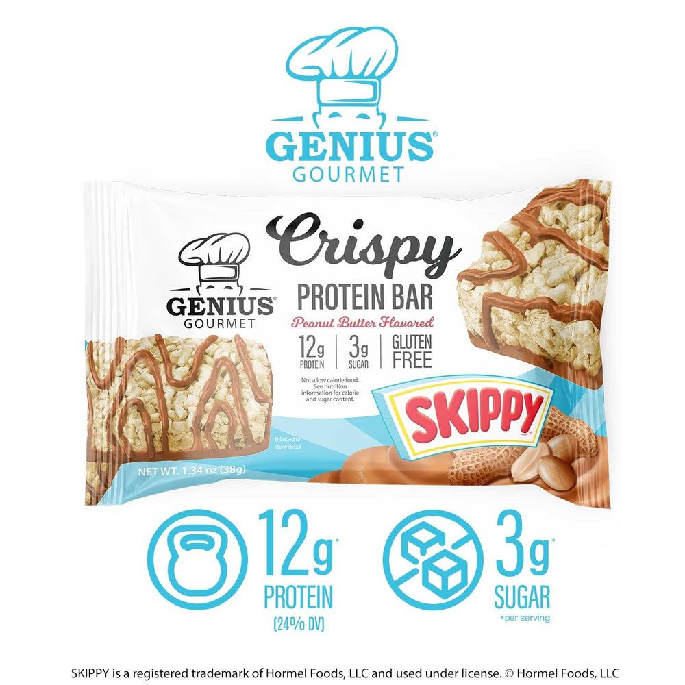 Genius Gourmet SKIPPY Crispy Bar travel-ready display promotes convenient travel snack.