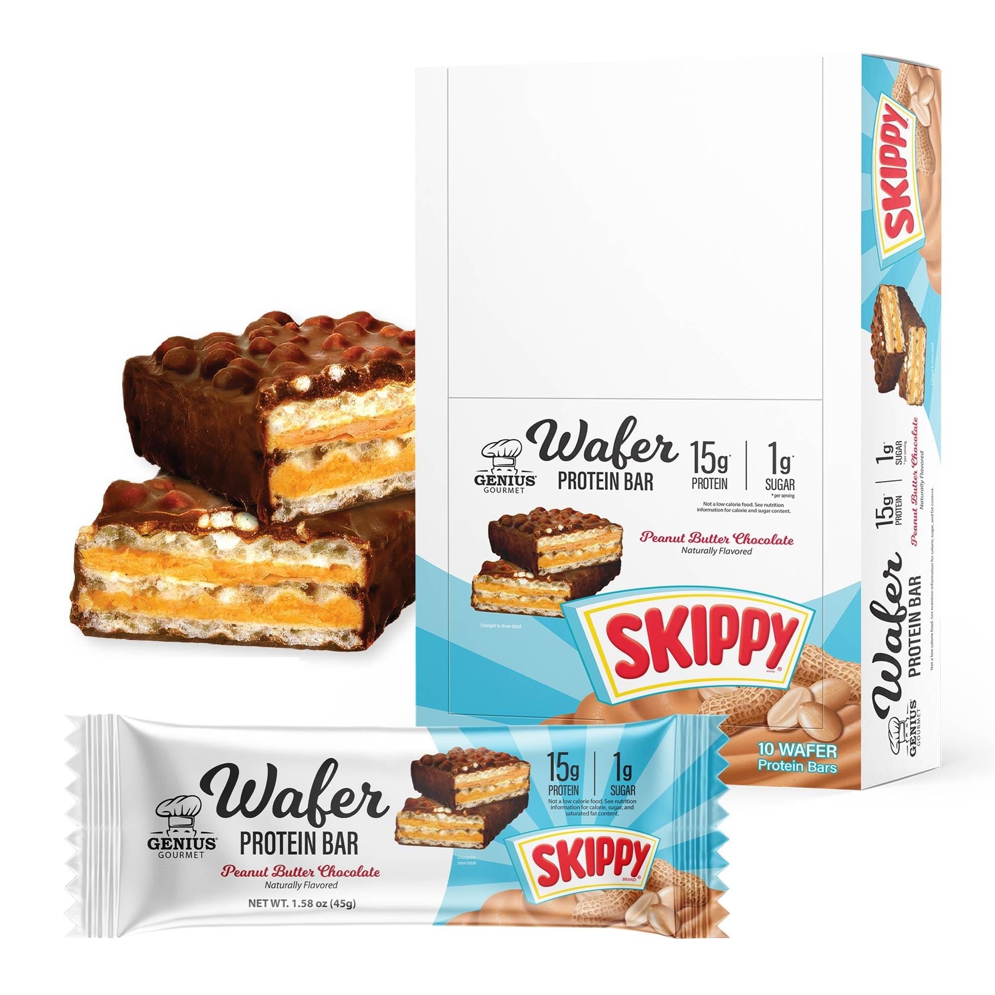 Genius Gourmet SKIPPY wafer bar with chocolate coating; crisp texture and protein.