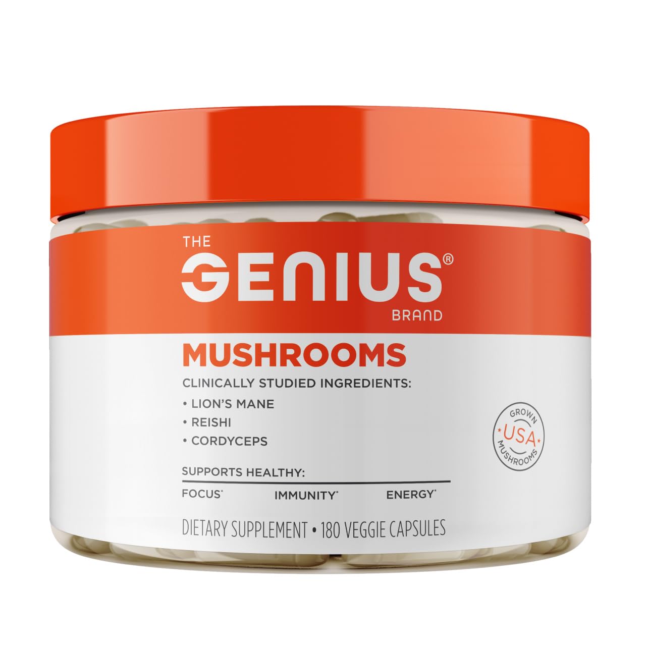 The Genius Brand Genius Mushroom Supplement bottle front promotes focus and mental clarity.