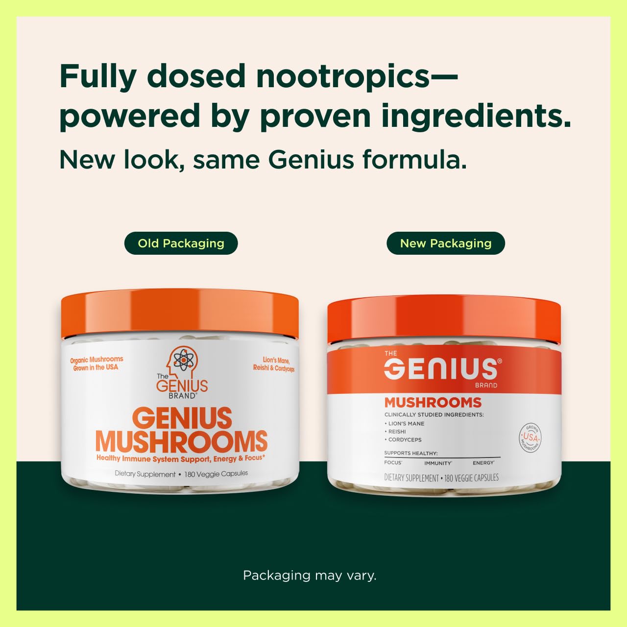 Genius Mushroom supplement capsules ready for daily cognitive support and energy.